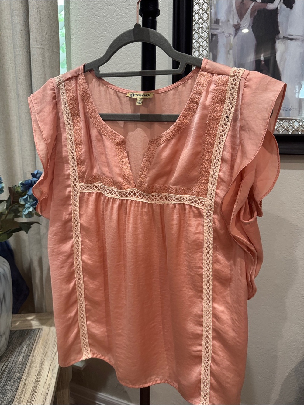 Democracy Coral Lace-Trim Ruffle Sleeve Blouse
